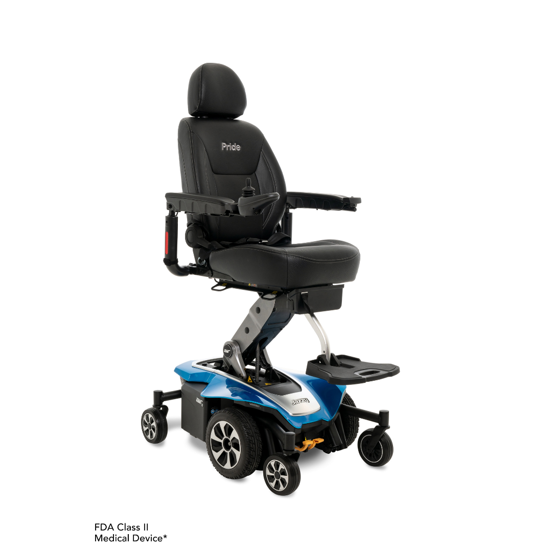 The Pride Mobility Jazzy Air®2 Powerchair features a stylish blue and black design with a comfortable seat, joystick controller, and sturdy wheels. Its metallic base has Pride on the headrest, ensuring both style and functionality in every ride.